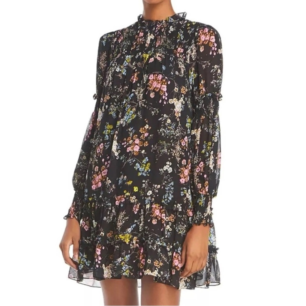 Cinq à Sept Black Multicolor Floral Long Sleeve Dress